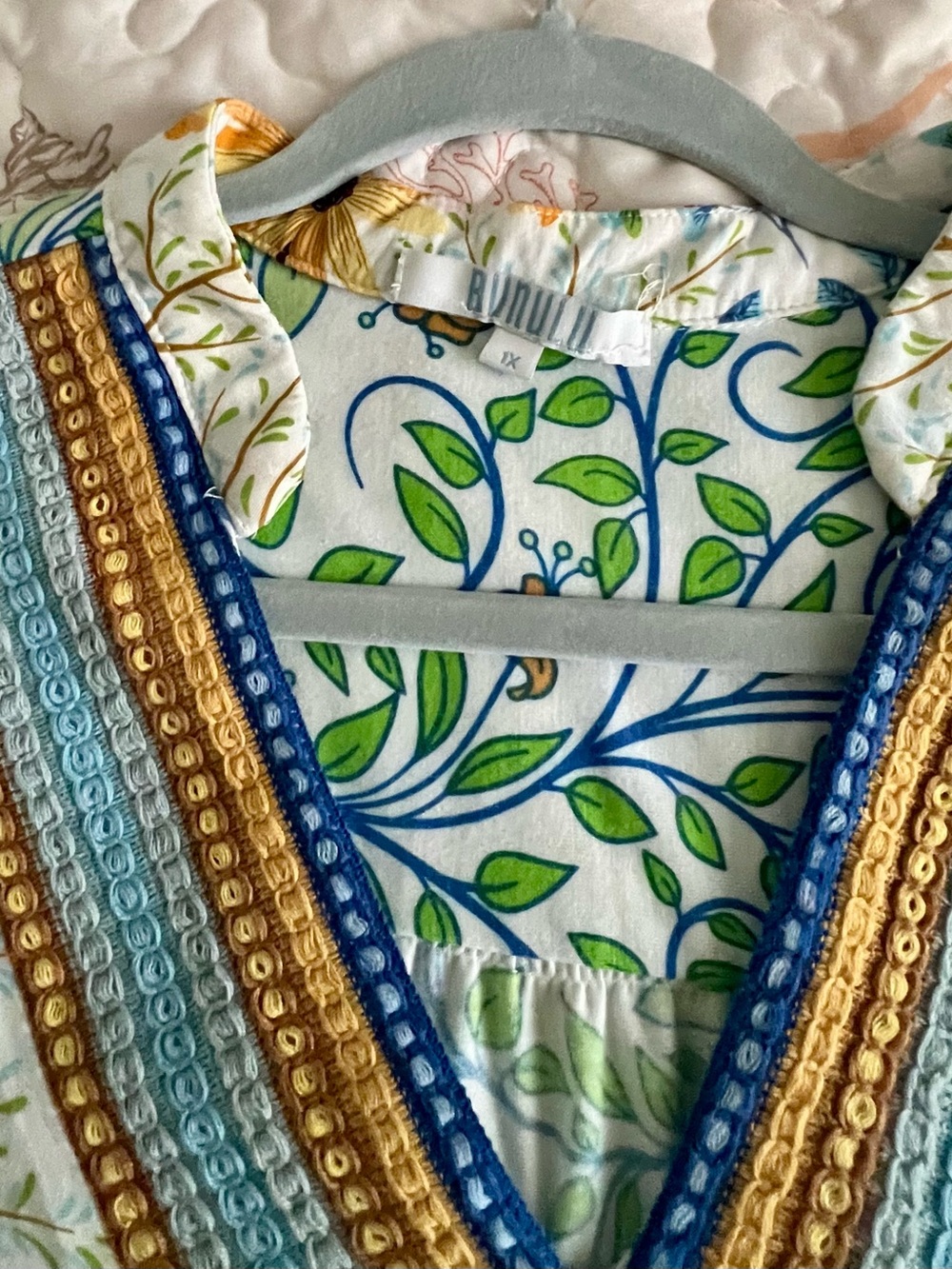 Blue & Green Printed Women's Top with Embroidered Trim -